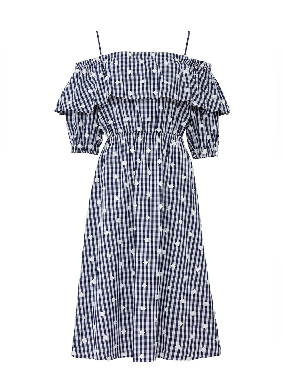Perseverance London - Embroidered Floral Checkered Off Shoulder Midi Dress SZ 12